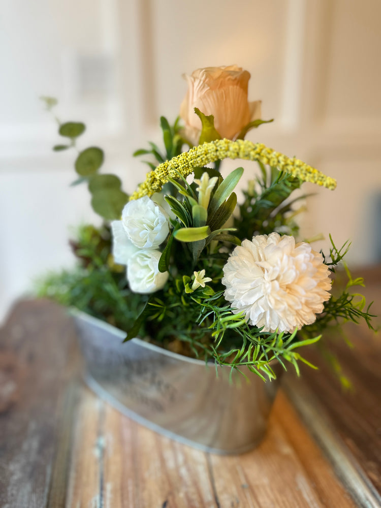 Farmhouse Metal Planter with Peach & White Spring Florals