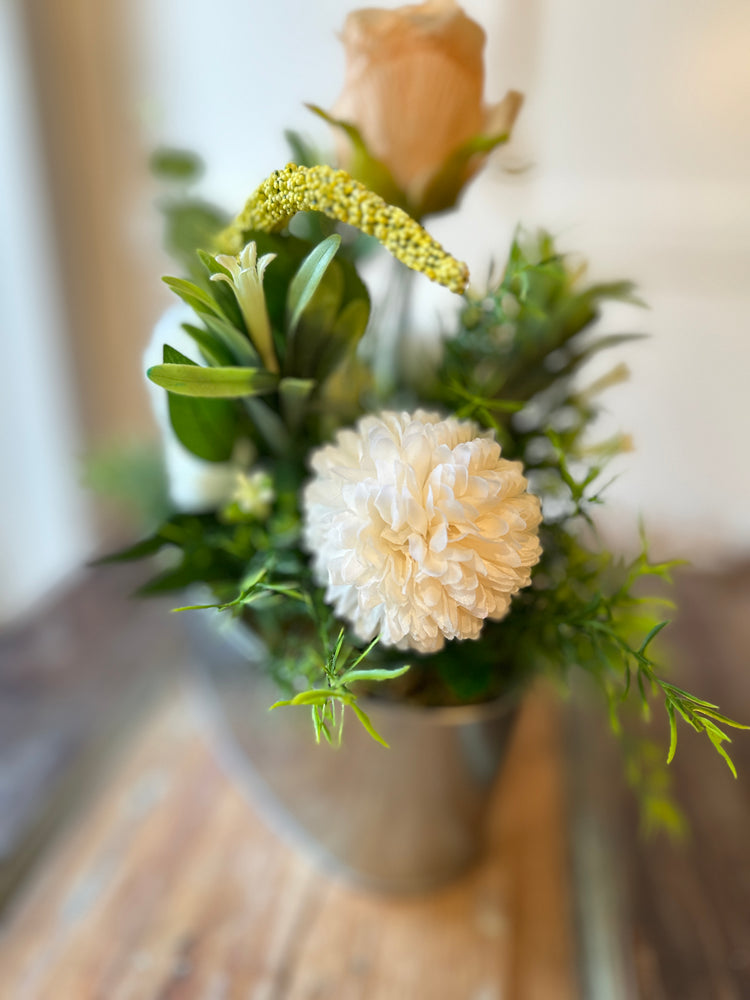 Farmhouse Metal Planter with Peach & White Spring Florals