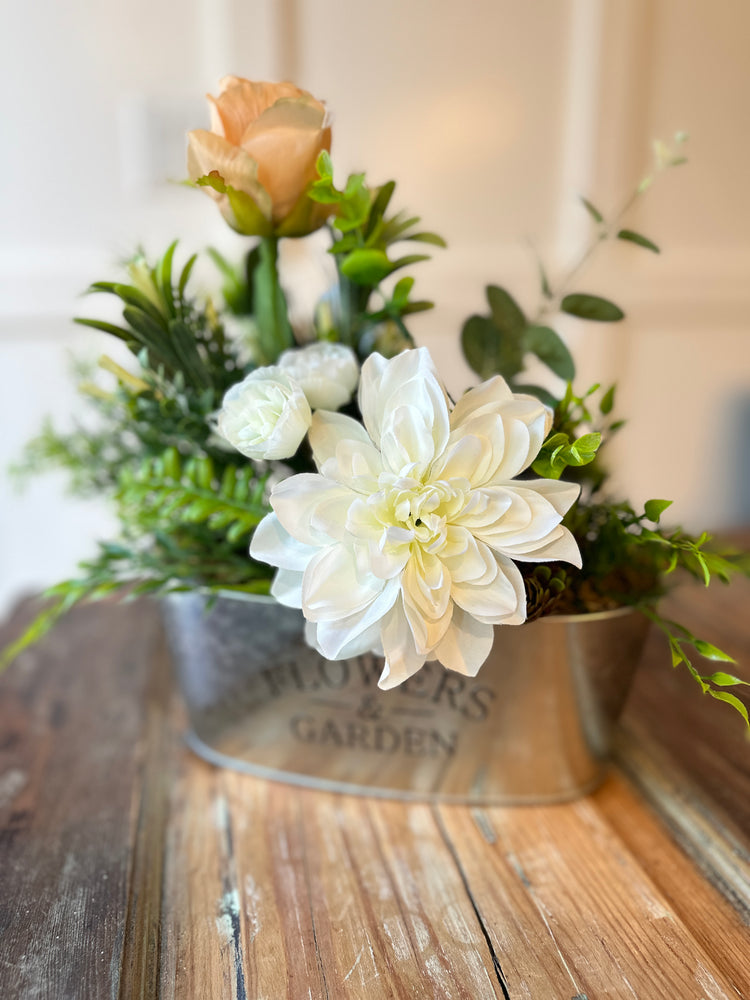 Farmhouse Metal Planter with Peach & White Spring Florals