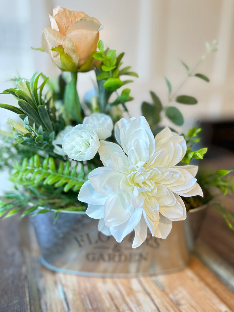 Farmhouse Metal Planter with Peach & White Spring Florals