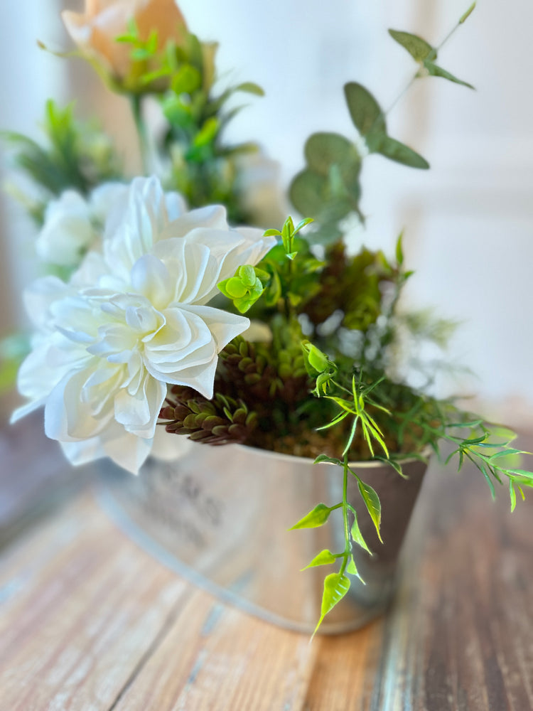 Farmhouse Metal Planter with Peach & White Spring Florals