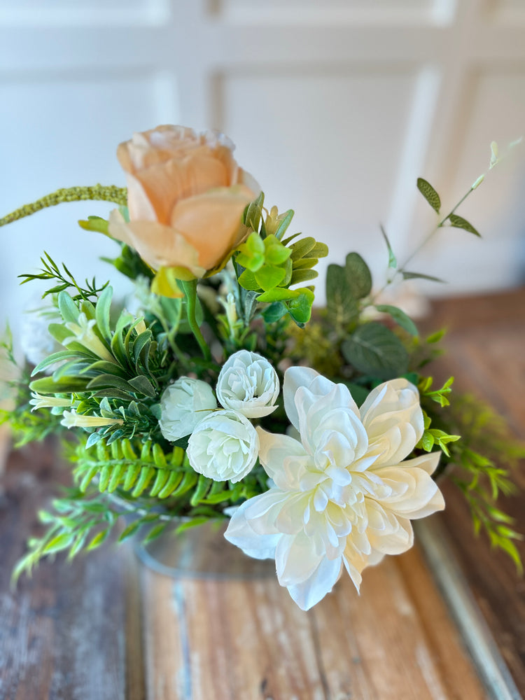 Farmhouse Metal Planter with Peach & White Spring Florals