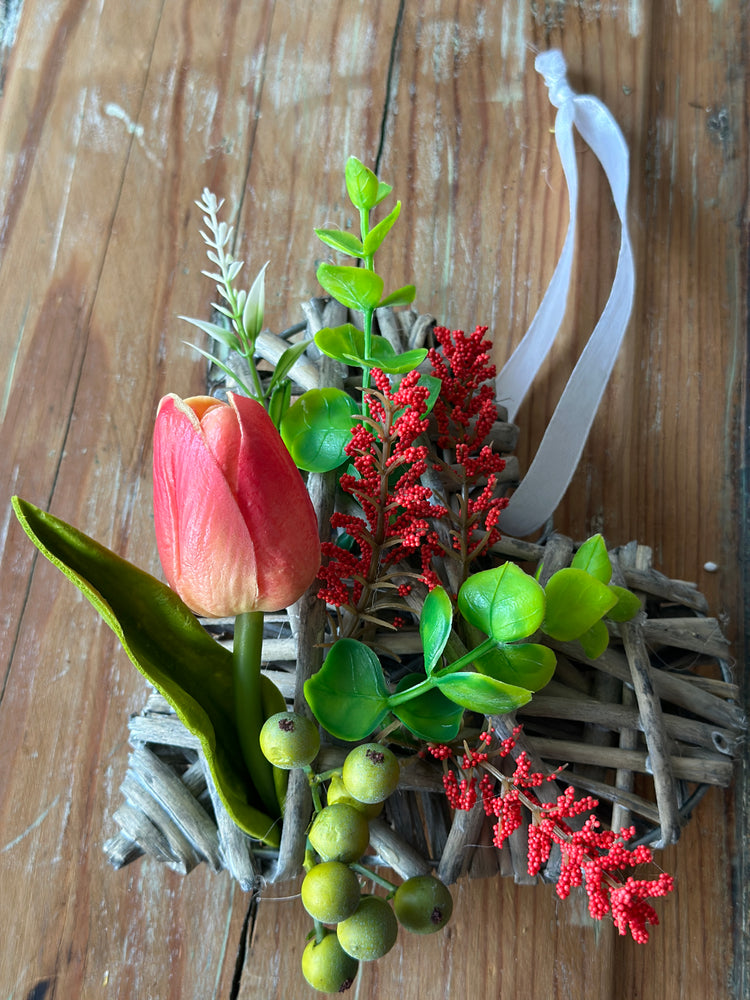 Handcrafted Bright Peach Heart Wreath, Towel, and Vase Ornament