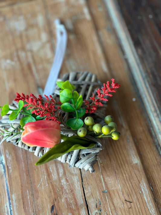 Handcrafted Bright Peach Heart Wreath, Towel, and Vase Ornament