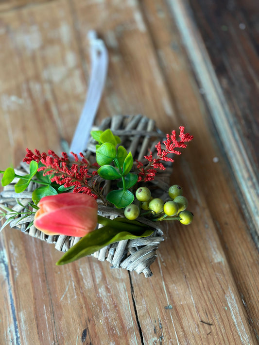 Handcrafted Bright Peach Heart Wreath, Towel, and Vase Ornament