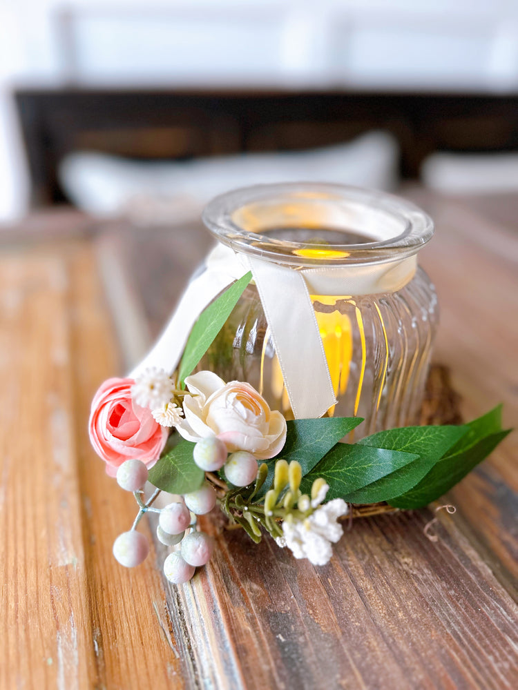 Glass LED Candle Holder with Pastel Pink Floral Accents