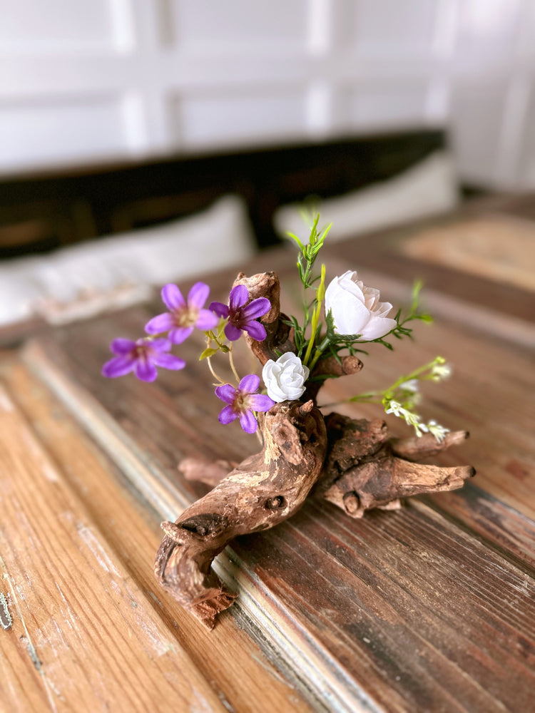 Natural Driftwood Centerpiece with Purple and White Flowers