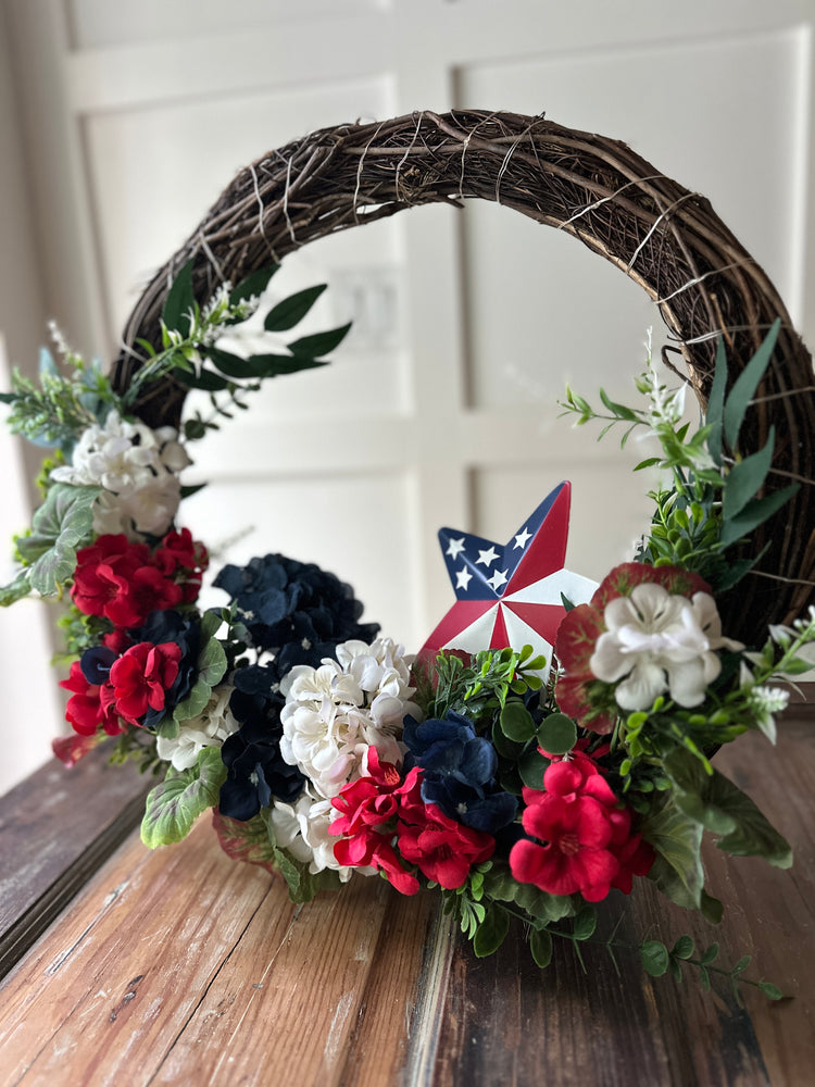 Patriotic Standing Wreath with LED Lights and American Flag Star