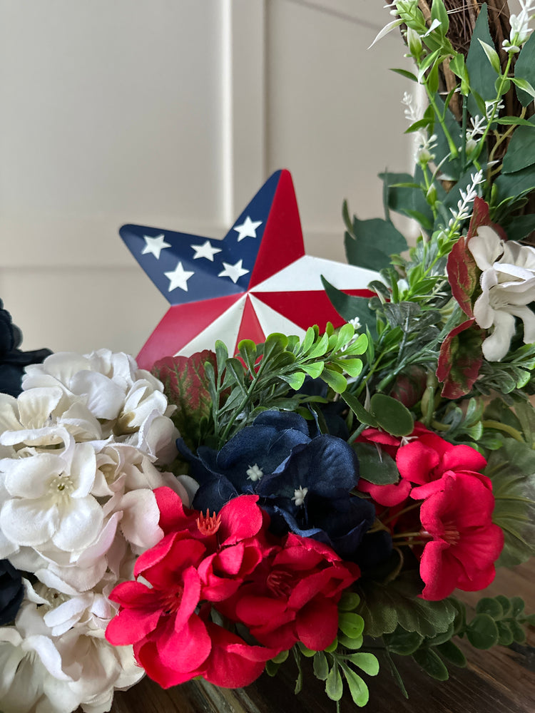 Patriotic Standing Wreath with LED Lights and American Flag Star