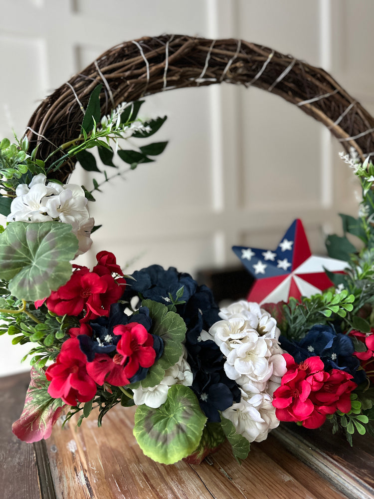 Patriotic Standing Wreath with LED Lights and American Flag Star