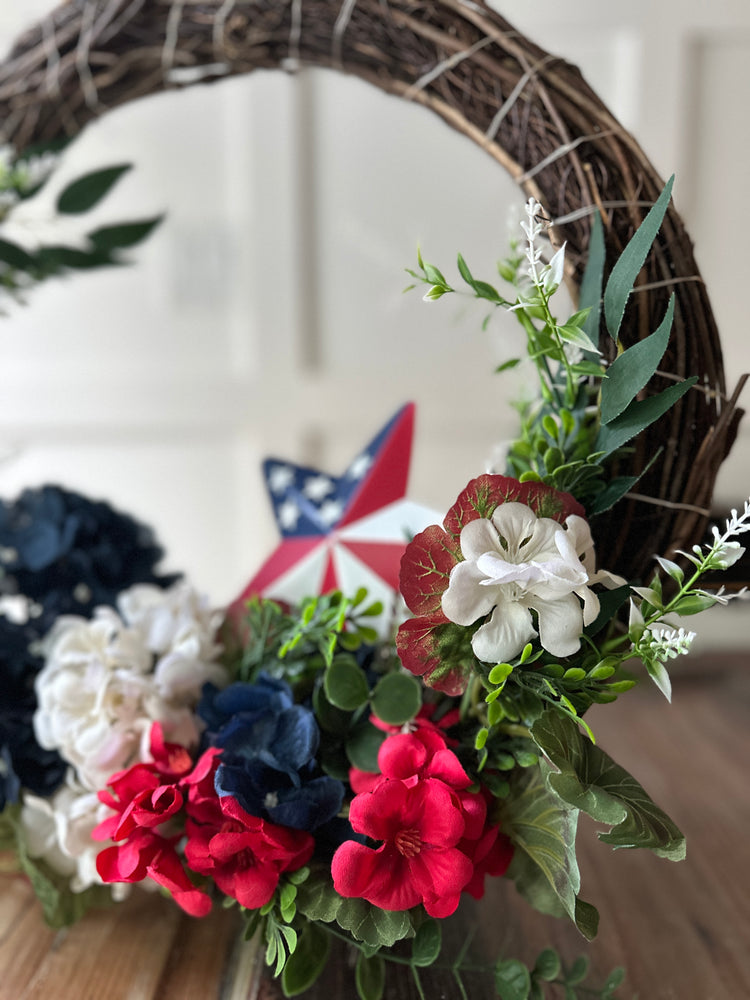 Patriotic Standing Wreath with LED Lights and American Flag Star