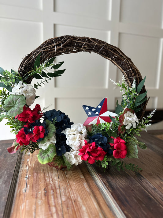 Patriotic Standing Wreath with LED Lights and American Flag Star