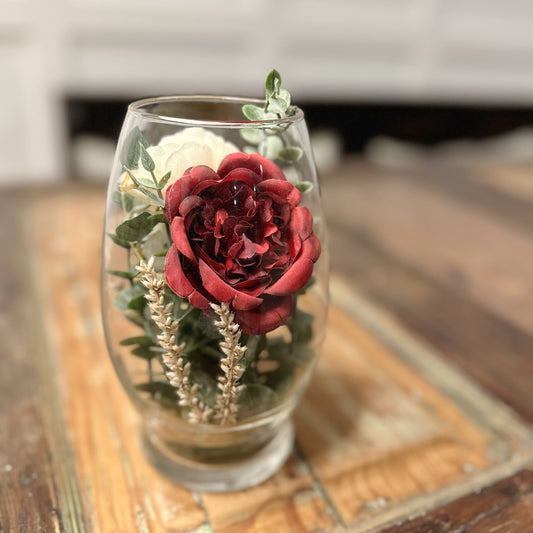 Elegant Peony and Eucalyptus Glass Vase.