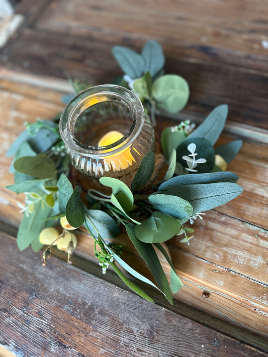 Rustic LED Candle Holder with Greenery and Berry Accents