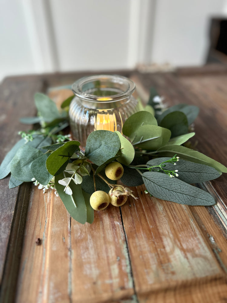 Rustic LED Candle Holder with Greenery and Berry Accents