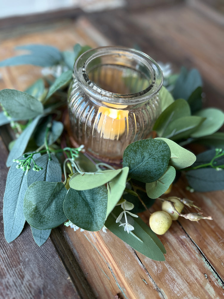 Rustic LED Candle Holder with Greenery and Berry Accents