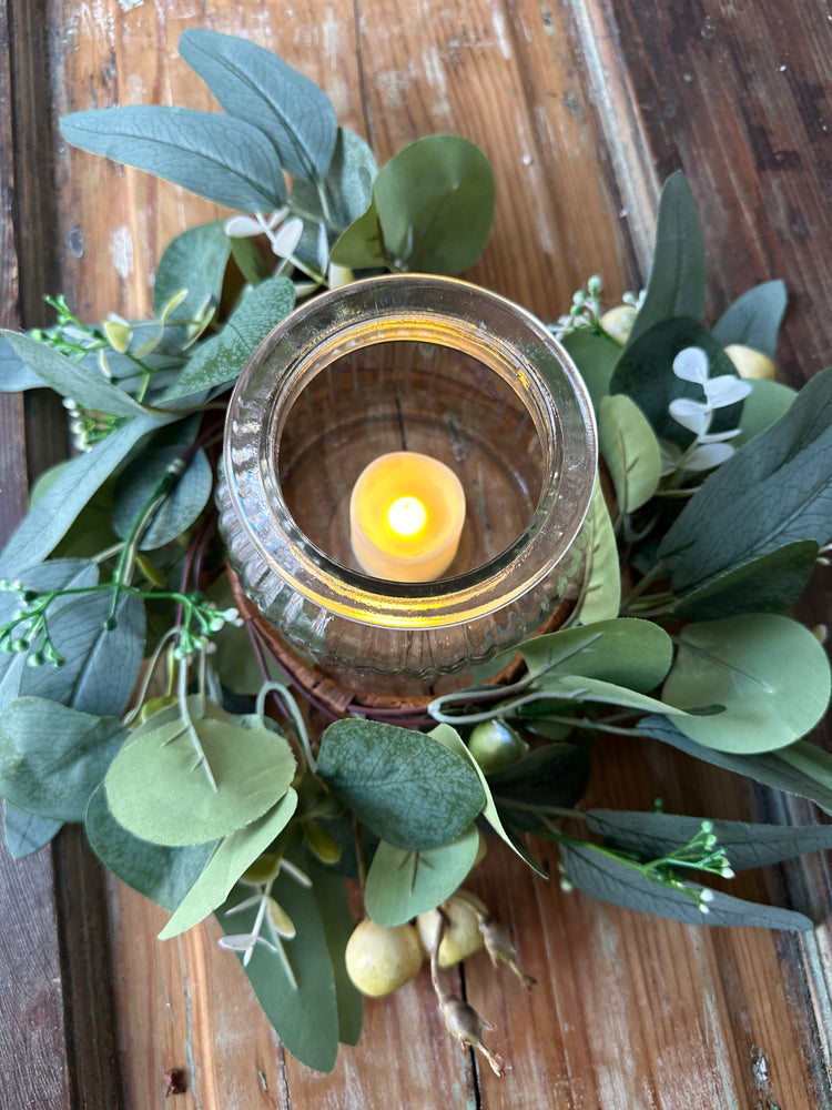 Rustic LED Candle Holder with Greenery and Berry Accents