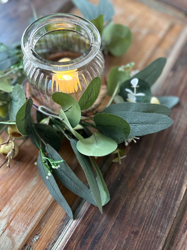 Rustic LED Candle Holder with Greenery and Berry Accents