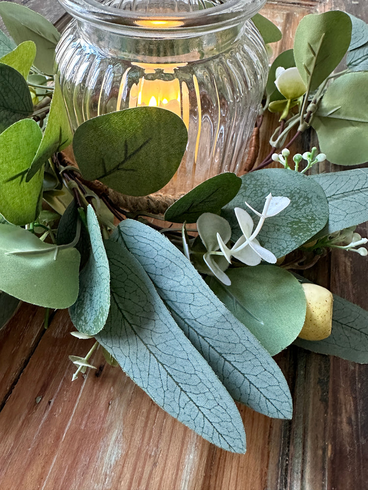 Rustic LED Candle Holder with Greenery and Berry Accents