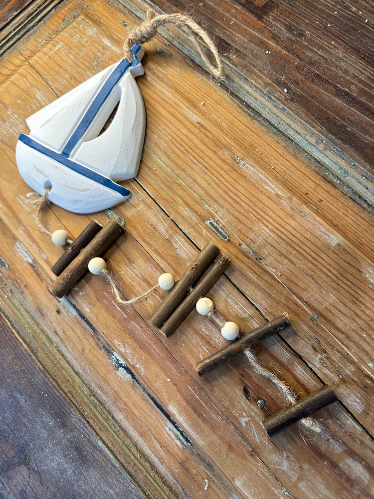 Nautical Wood and Ceramic Sailboat Wall Hanger