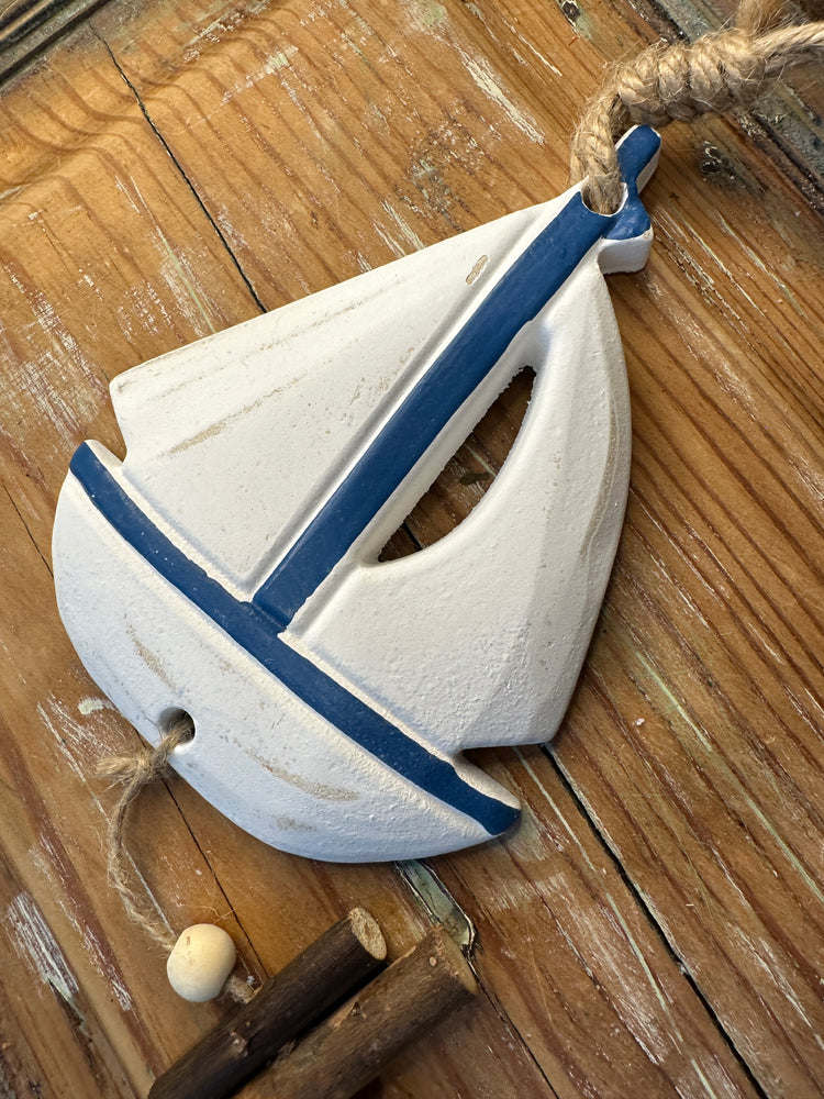 Nautical Wood and Ceramic Sailboat Wall Hanger