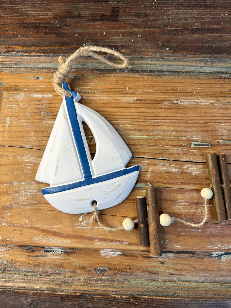 Nautical Wood and Ceramic Sailboat Wall Hanger