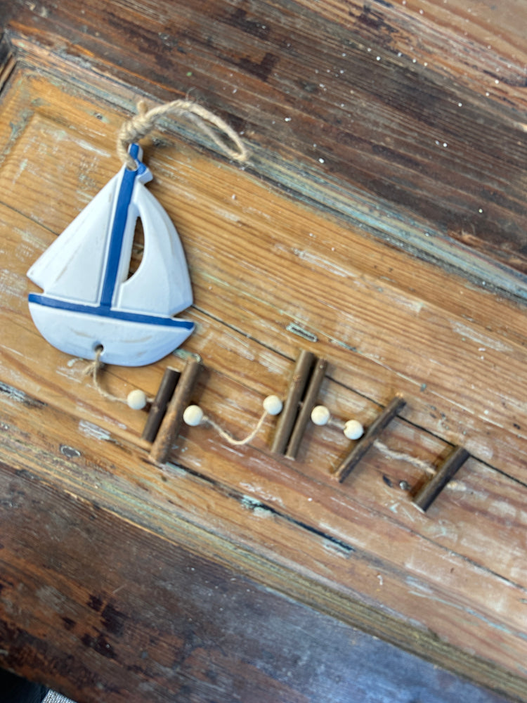 Nautical Wood and Ceramic Sailboat Wall Hanger