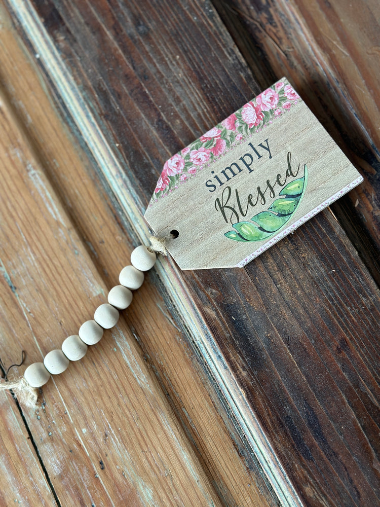 "Simply Blessed" Floral Wooden Tag with Bead Garland