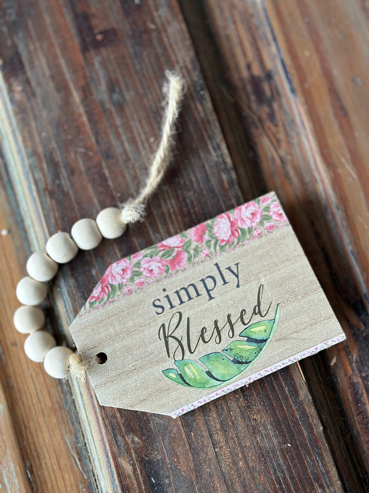 "Simply Blessed" Floral Wooden Tag with Bead Garland