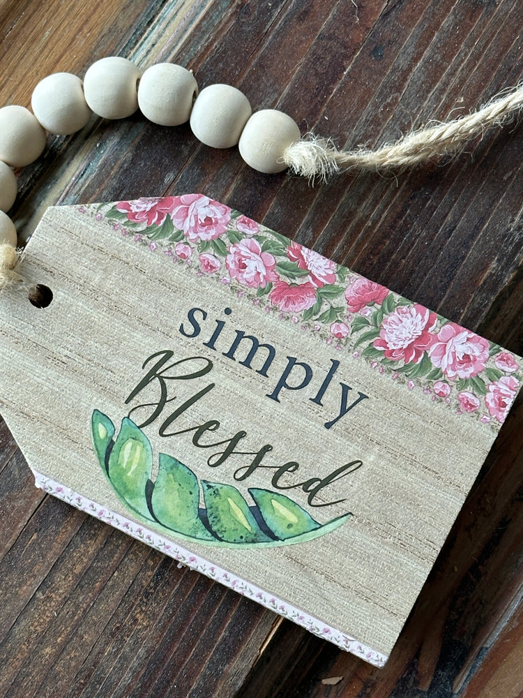 "Simply Blessed" Floral Wooden Tag with Bead Garland