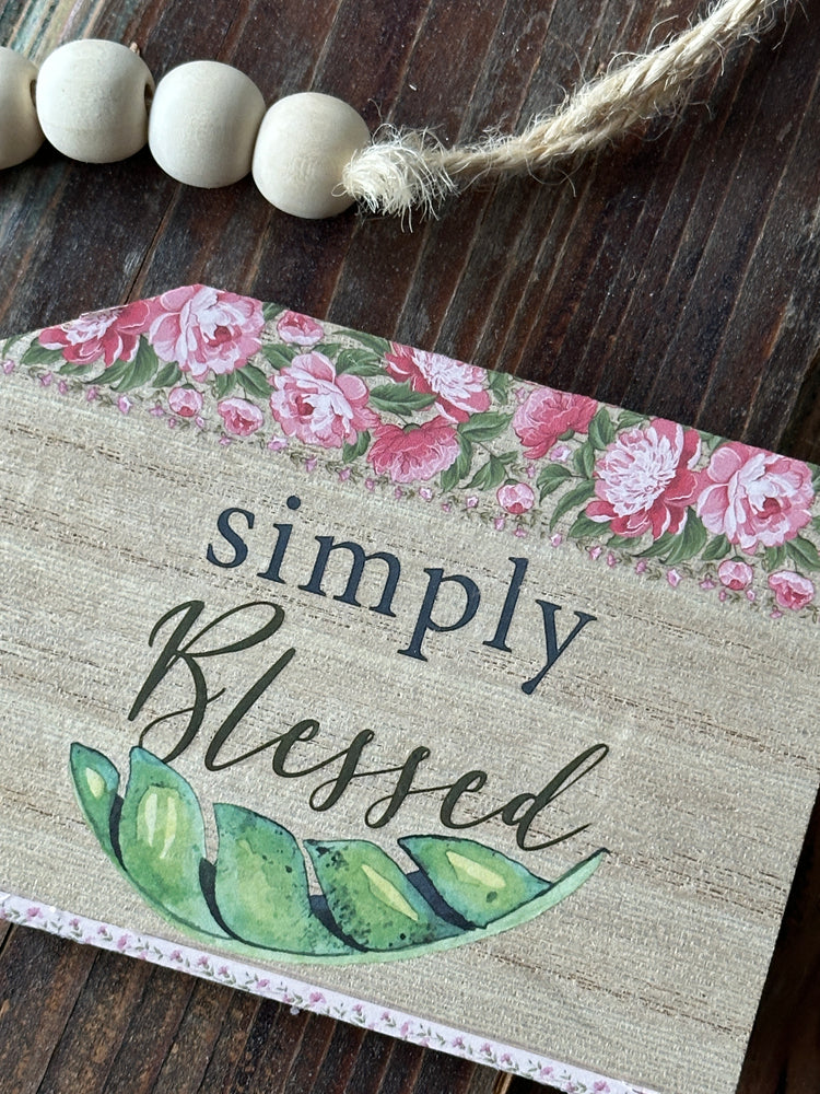 "Simply Blessed" Floral Wooden Tag with Bead Garland