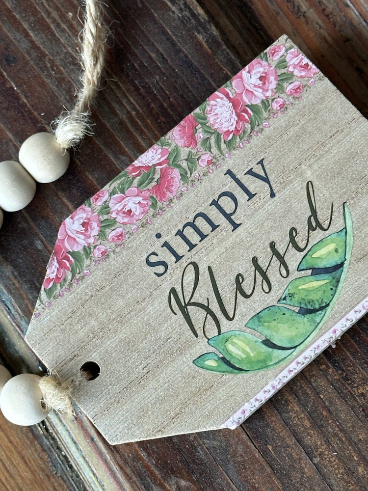 "Simply Blessed" Floral Wooden Tag with Bead Garland