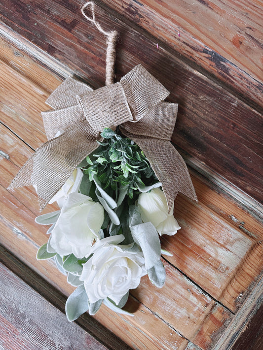 Rustic Burlap Bow Door Swag with Lifelike Artificial White Roses