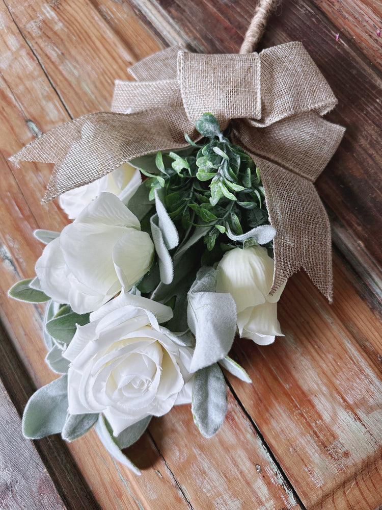 Rustic Burlap Bow Door Swag with Lifelike Artificial White Roses