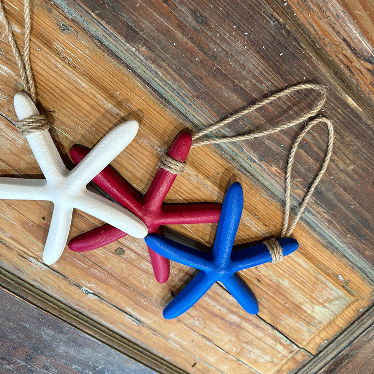 Nautical Wooden Starfish Ornaments in Red, White, and Blue