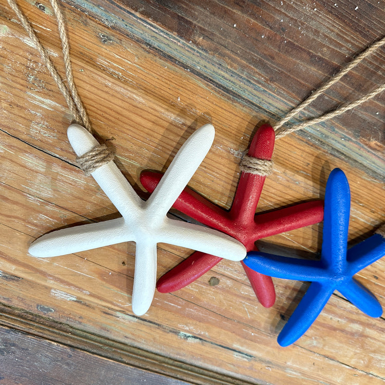 Nautical Wooden Starfish Ornaments in Red, White, and Blue