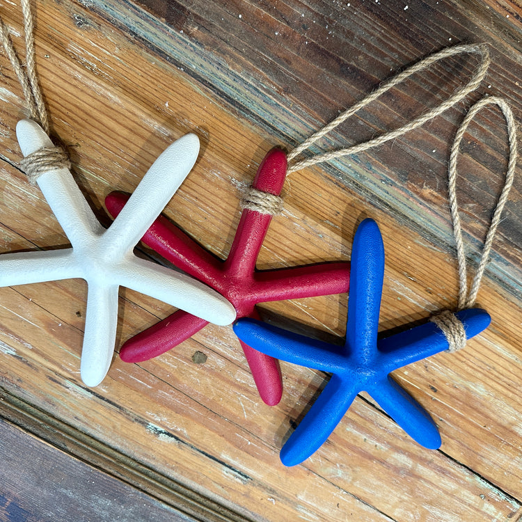 Nautical Wooden Starfish Ornaments in Red, White, and Blue