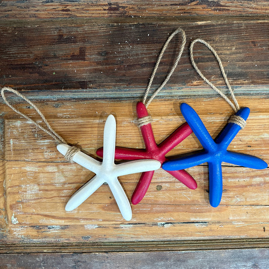 Nautical Wooden Starfish Ornaments in Red, White, and Blue