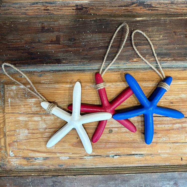 Nautical Wooden Starfish Ornaments in Red, White, and Blue