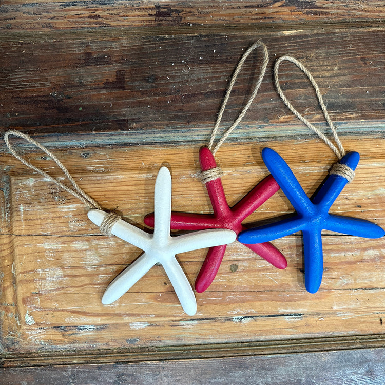 Nautical Wooden Starfish Ornaments in Red, White, and Blue