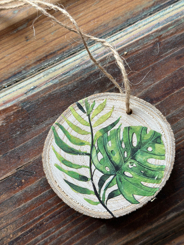 Tropical Monstera Leaf Wood Slice Doorknob and Vase Ornament