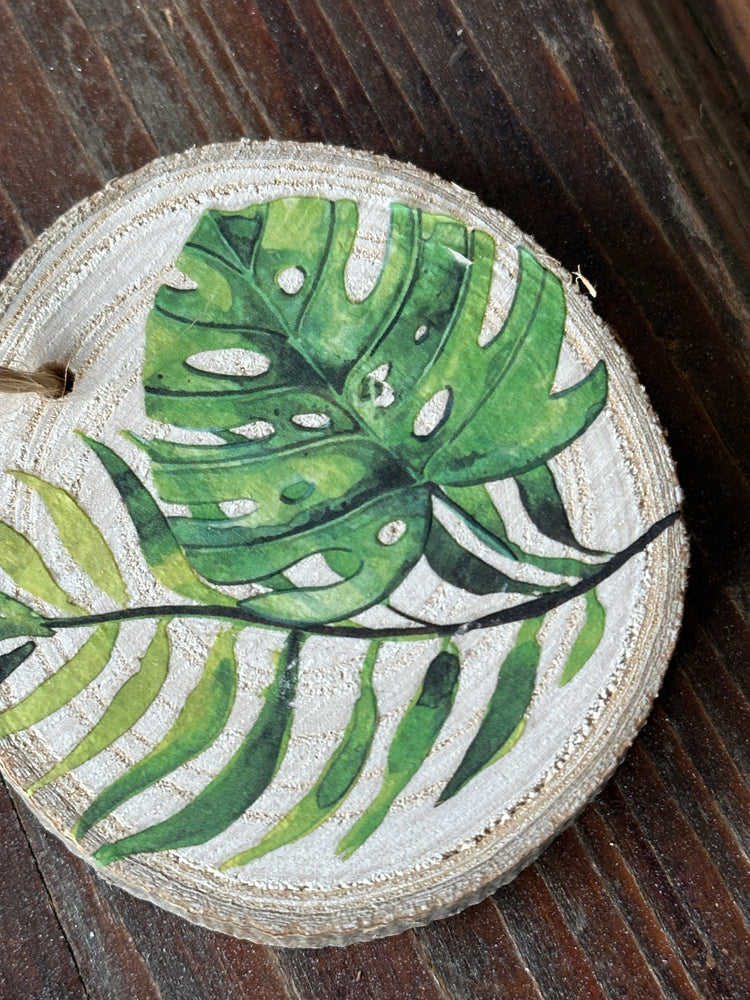 Tropical Monstera Leaf Wood Slice Doorknob and Vase Ornament