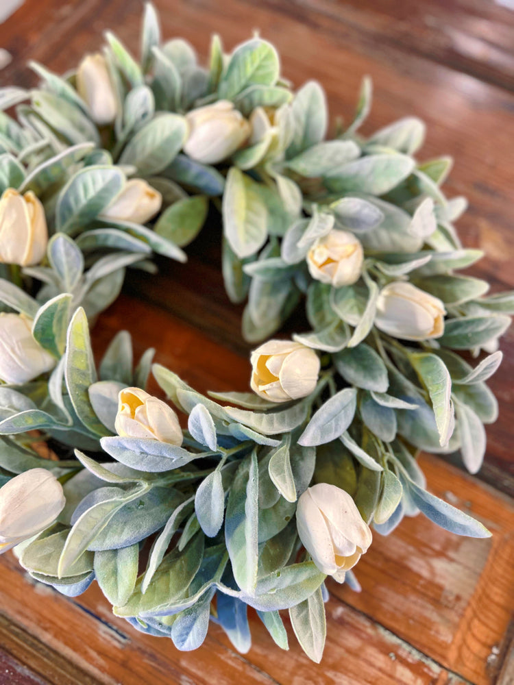 Spring Lamb's Ear Wreath with White Tulips