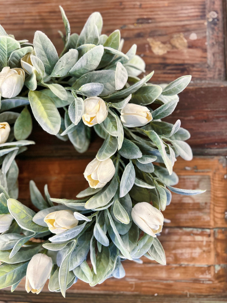 Spring Lamb's Ear Wreath with White Tulips