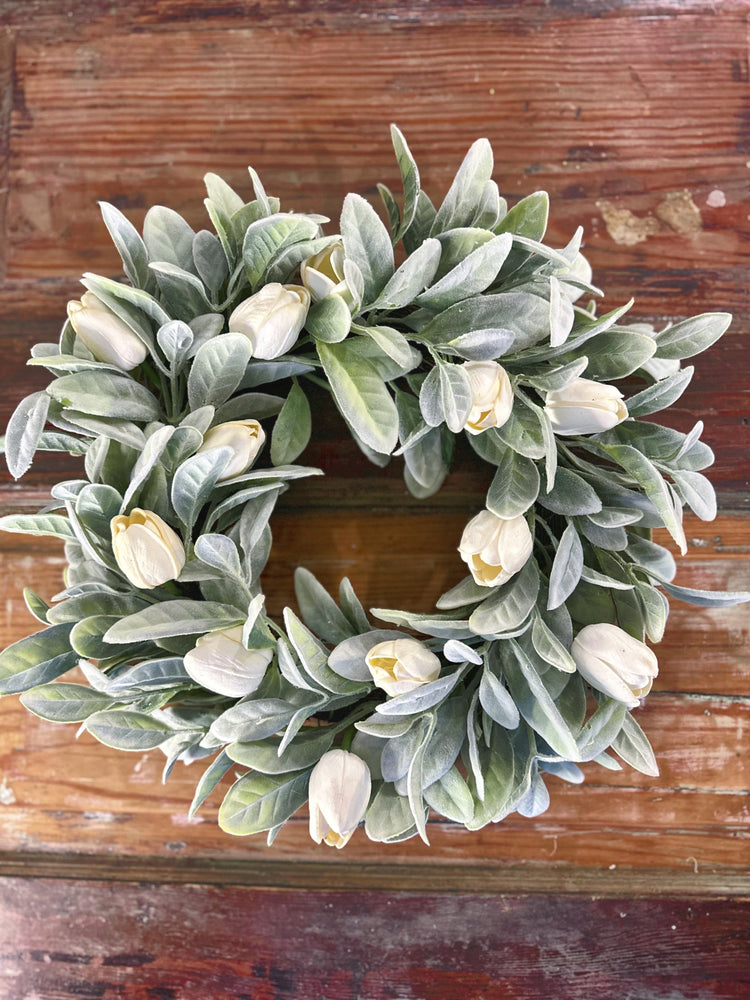 Spring Lamb's Ear Wreath with White Tulips