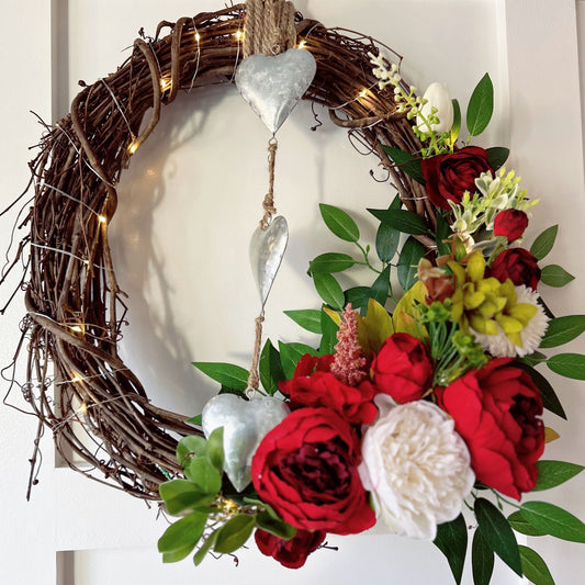 Twinkling Farmhouse Red Peony Wreath and Heart Charm