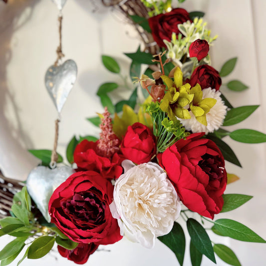 Twinkling Farmhouse Red Peony Wreath and Heart Charm