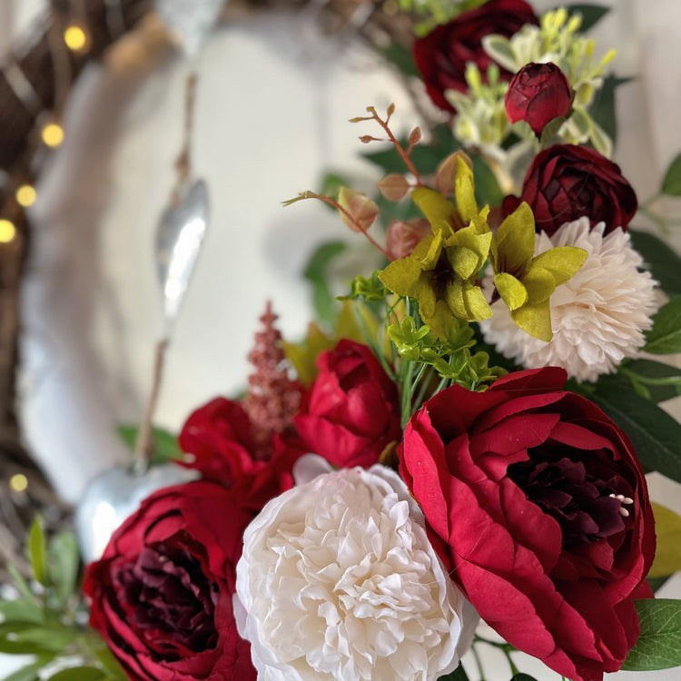 Twinkling Farmhouse Red Peony Wreath and Heart Charm