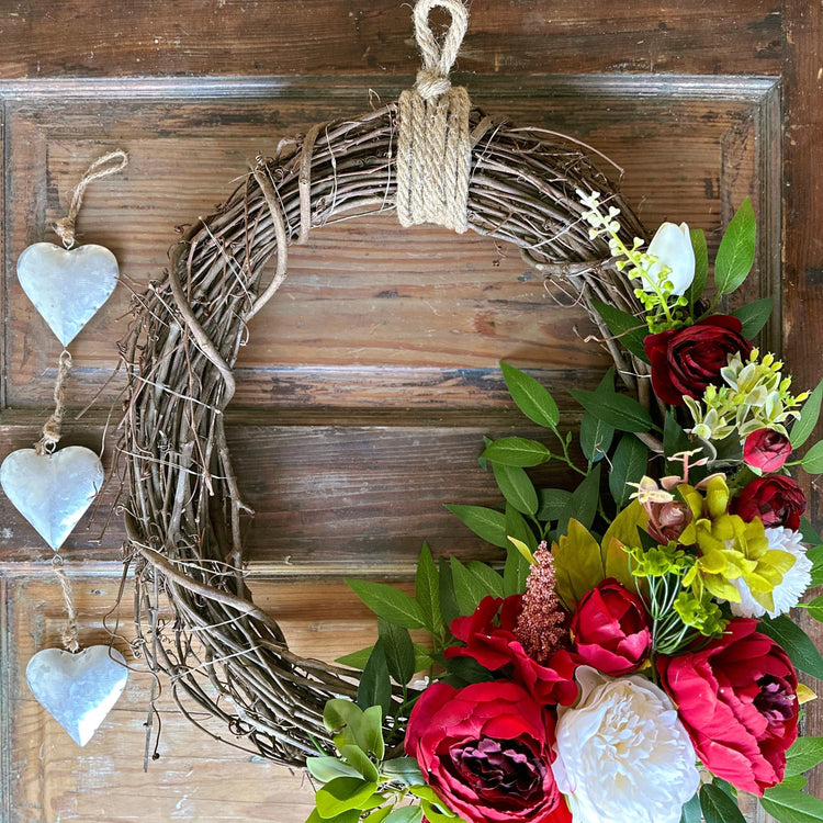 Twinkling Farmhouse Red Peony Wreath and Heart Charm