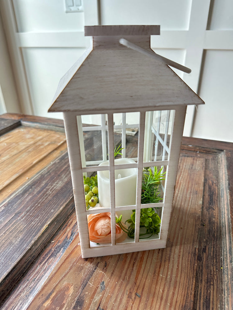 Solar-Powered White LED Lantern with Peach Floral Accents